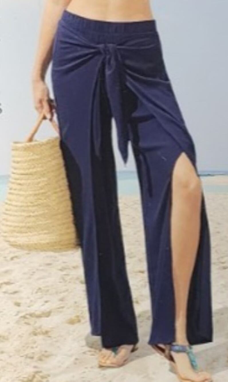 NWT Serra Navy Blue Beach Pants Sz L Wide Leg Tie Waist High Slit Resort Casual